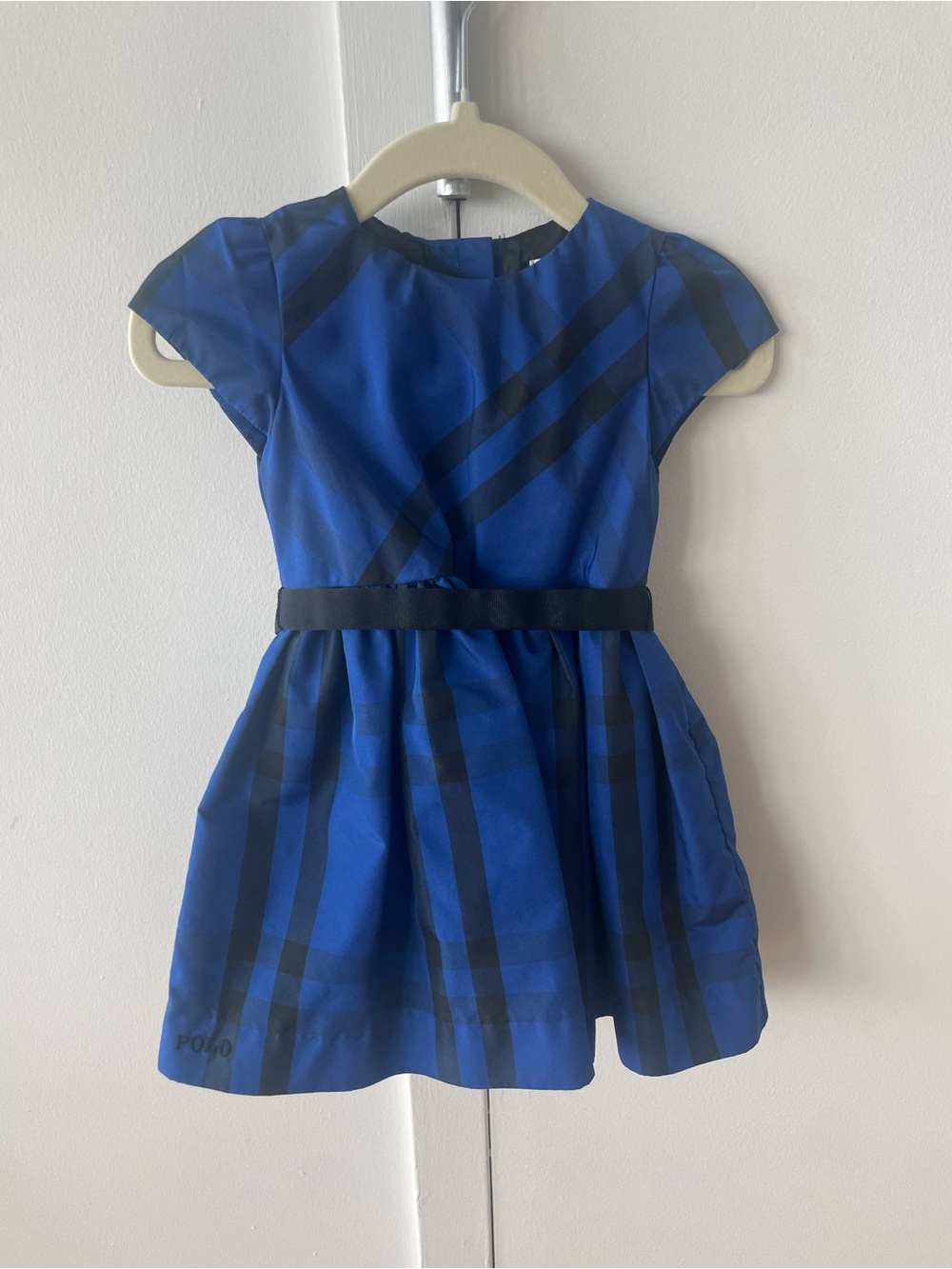• Ralph Lauren Blue Plaid Fit-and-Flare Dress with Black Belt